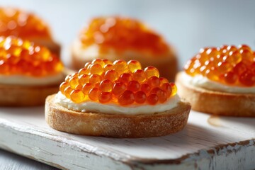 Close up of caviar canapés on a wooden board with cream cheese and orange roe delicacy food items