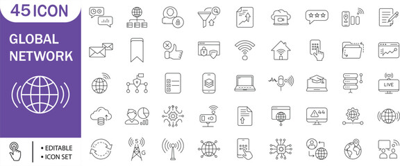  Global Network Technology Icon Set , Internet, Cloud, Data, WiFi, Server, Communication