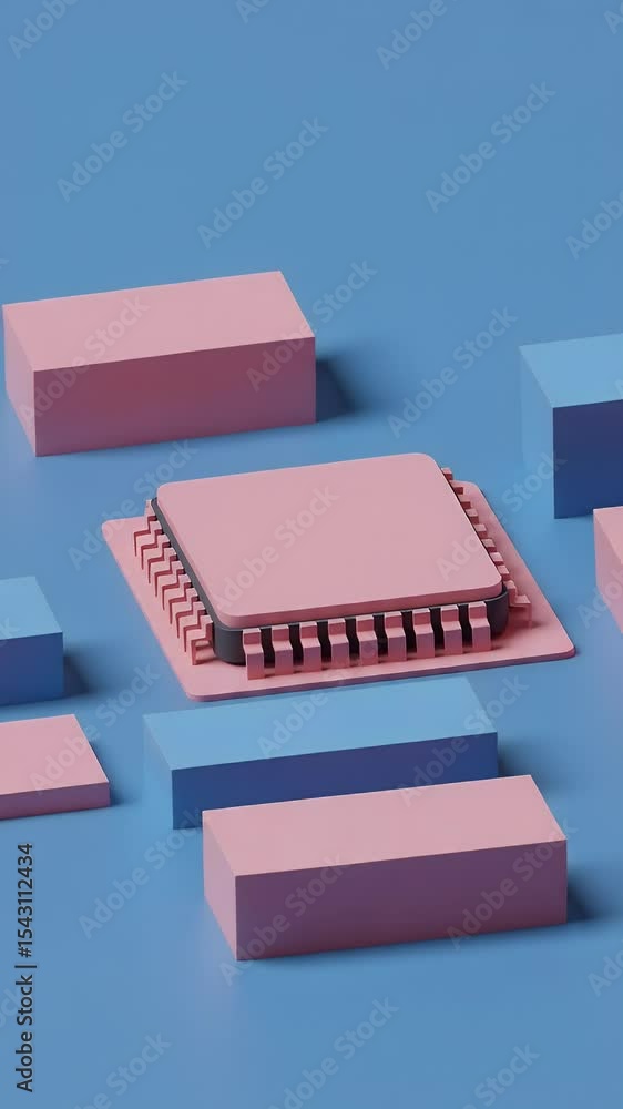 Poster 3d abstract pink processor microchip technology on blue background