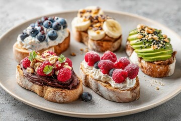 Close up of five toasts with various toppings arranged on a plate for a visually appealing presentation