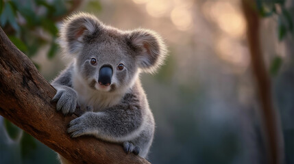 Naklejka premium Koala resting on eucalyptus branch in gentle light