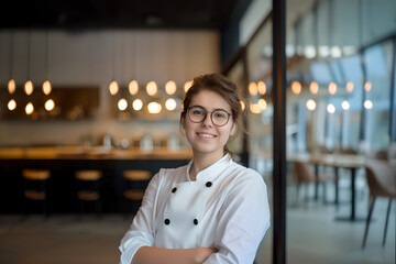 Worker cook woman standing with her arms crossed in front in cafe. Looking at camera with smiling face. Inside small business cafe