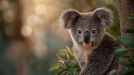 Obraz premium Koala resting on eucalyptus branch in gentle light