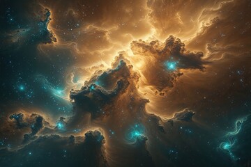 Golden Nebula with Teal Accents in a Cosmic Space Scene