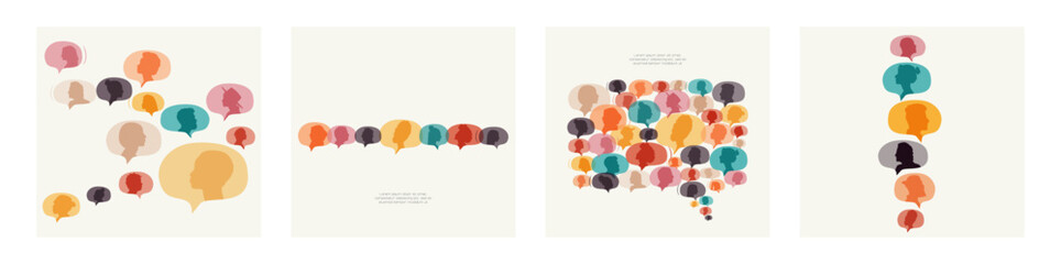 Fototapeta na wymiar Different people in chat bubbles. Communication concept. Set of cards.