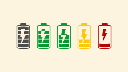 Colorful battery icons set showing various charge levels and warning signs. Perfect for UI-UX design, mobile apps, energy status indicators, and infographic purposes. flat, UI, UX, interface, mobile, 