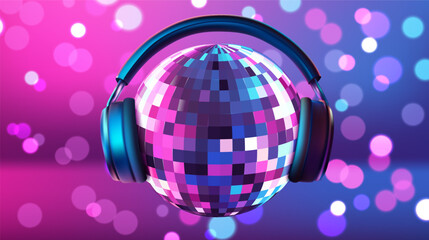 Disco ball with headphones on a pink background	

