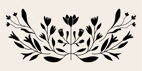 Symmetric folk art style flower and leaf illustration. Isolated vector. Botanical frame and wreath graphic design for invitation and banner . Black and white.
