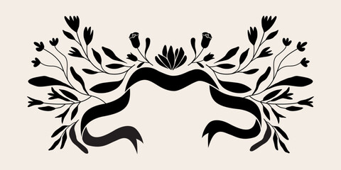 Symmetric folk art style flower and leaf illustration. Isolated vector. Botanical frame and wreath graphic design for invitation and banner . Black and white.