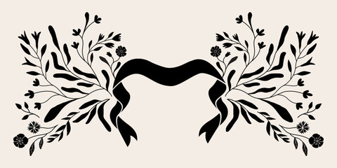 Symmetric folk art style flower and leaf illustration. Isolated vector. Botanical frame and wreath graphic design for invitation and banner . Black and white.