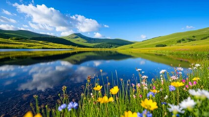 A beautiful mountain lake with wildflowers and reflection of the sky. Summer travel and nature landscape concept. Use for a tourism agency, environmental project, or a relaxing background