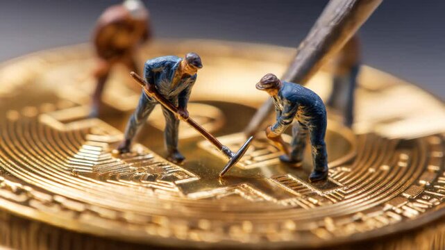 Miniature Workers Building a Graph on a Bitcoin Coin Surrounded by Tools and Industry Elements