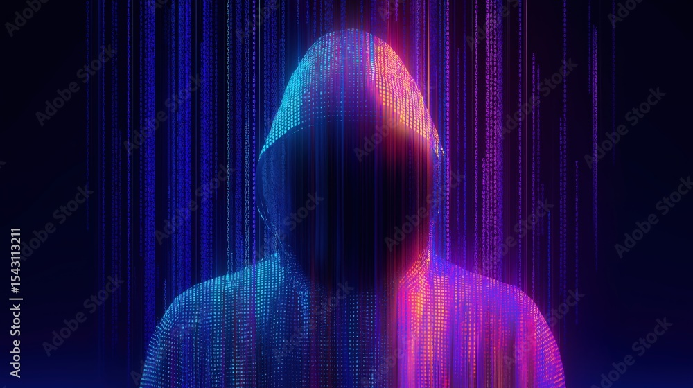 Poster cyber enigma: a mysterious figure, shrouded in a hooded silhouette, merges with a digital matrix of 
