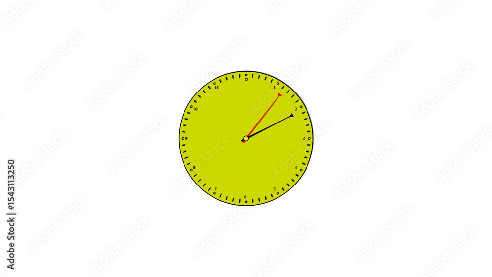Poster a simple yellow clock face showing the time at 1 10 on a white background