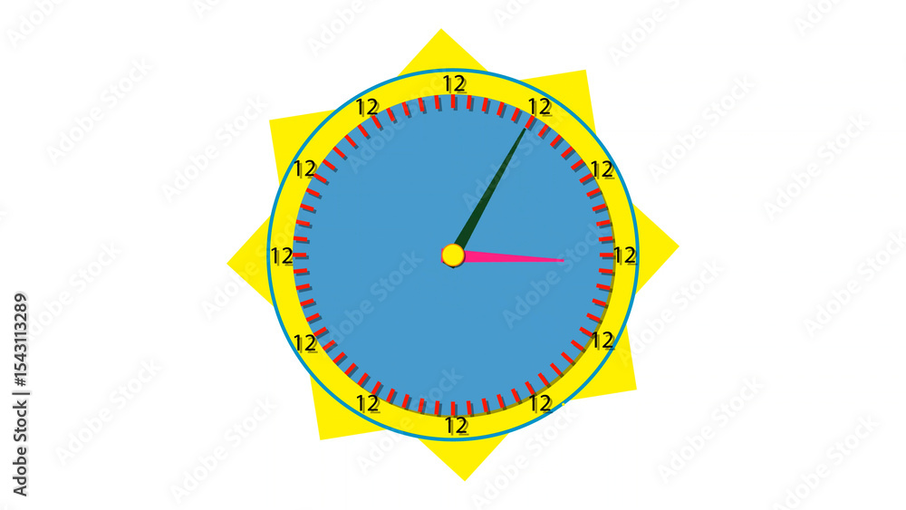 Poster abstract clock face with yellow sunburst background and repeating number twelve design stylized cloc
