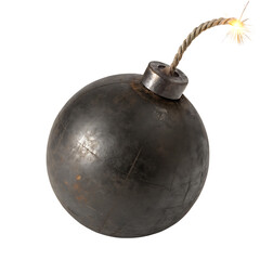 Illustration of a classic round bomb with lit wick isolated on transparent background
