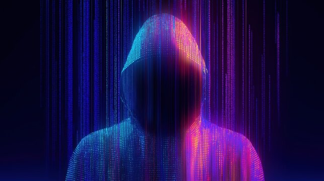 Cyber Enigma: A mysterious figure, shrouded in a hooded silhouette, merges with a digital matrix of data streams, representing the anonymity and power of the digital age.