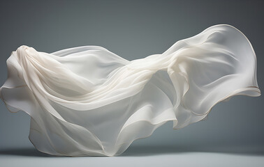 delicate, flowing cloth dances gracefully in mid-air, its sheer texture and gentle folds illuminated by soft lighting, creating a sense of fluidity and weightlessness.