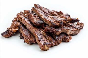 Grilled goat meat strips presented on a clean white background showcasing smoky char marks and delicious texture