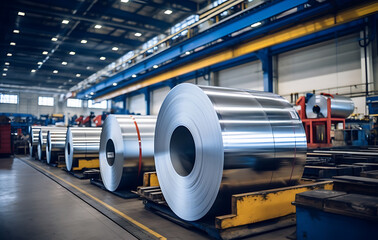 Steel Coil Warehouse: Industrial interior showcases rows of large steel coils, embodying the essence of modern industry and production. Capturing the sheer scale and precision of manufacturing.