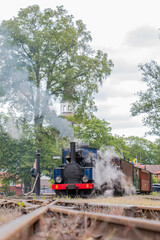 Old steam train on railroad, dark blue and black, driving through the old city.