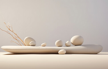 Balanced Stones: Serene arrangement of stones stacked in balance on a sandy surface, conveying tranquility, stability, and mindfulness.