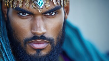 Regal Aura: An up-close portrait of a majestic figure, crowned with a jeweled headpiece, exudes strength and unwavering resolve. The image whispers tales of royalty and commanding presence.