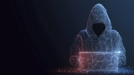 Digital Shadow: A hooded figure, rendered in a futuristic digital style, sits before a glowing laptop, conjuring mystery and intrigue in the realm of cyber security and technology.