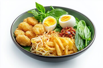 Ohn no khao swe deluxe dish featuring fritters, boiled egg, and fresh herbs, presented on a white background for an enticing culinary experience