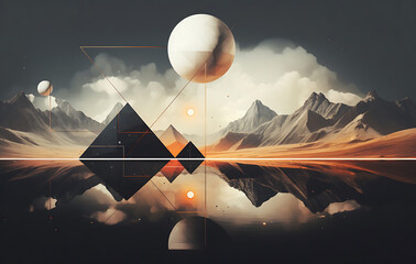 Geometric Landscape: A captivating scene features pyramids, spheres, and mountains reflected on water, creating a striking display of geometric shapes and natural beauty.