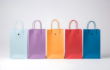Colorful Shopping Bags: A row of vibrant shopping bags in an array of bright colors with sturdy handles. showcasing the appeal of retail therapy and the joy of shopping.