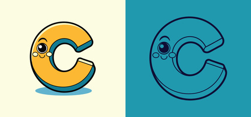 Fototapeta premium Cute Cartoon Letter C Character - Kids Alphabet Vector Illustration