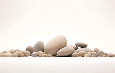 Balanced Stones: Serene arrangement of stones stacked in balance on a sandy surface, conveying tranquility, stability, and mindfulness.