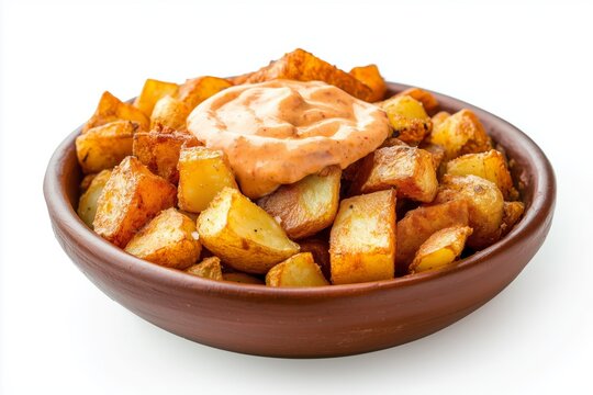 Crispy patatas bravas served with spicy tomato-brava sauce and aioli in a traditional bowl on a white background
