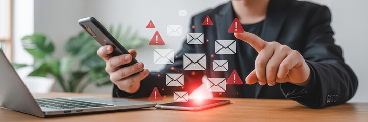 Person interacting with digital email notifications on devices.