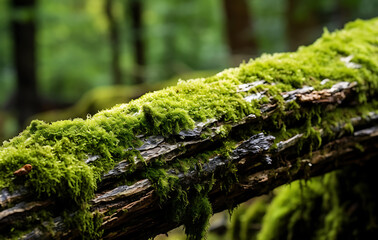 Ancient Branch with Moss: A captivating image of an aged tree branch, adorned with vibrant green moss, set against a subtle, dark backdrop.
