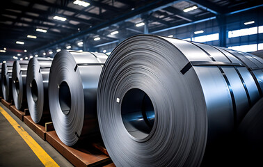 Steel Coil Warehouse: Industrial interior showcases rows of large steel coils, embodying the essence of modern industry and production. Capturing the sheer scale and precision of manufacturing.