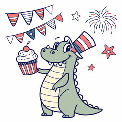 Whimsical Alligator feeling Content in a 4th of July setting with holding a cupcake – colored in Patriotic Spark