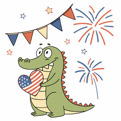 Cute SVG of a Amused Alligator in Patriotic Spark colors, featuring holding a heart in a 4th of July setting