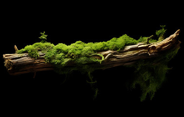 Ancient Branch with Moss: A captivating image of an aged tree branch, adorned with vibrant green moss, set against a subtle, dark backdrop.