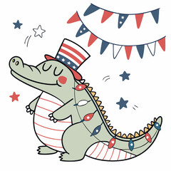 Patriotic Spark themed SVG: Sleepy Alligator with wrapped in fairy lights in a 4th of July environment