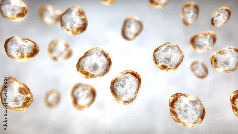 Poster microscopic golden spheres: abstract image of many shimmering, translucent golden spheres floating a