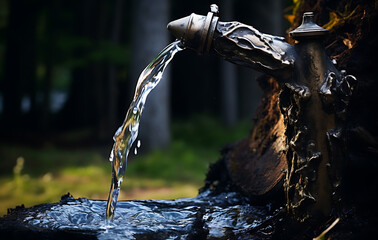 close-up view of a rustic water fountain, where crystal clear water flows smoothly. capturing the serene and refreshing moment.
