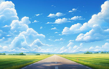 Road to the horizon: An expansive, clear sky filled with fluffy clouds hangs above a straight road disappearing into the horizon. This picturesque view evokes feelings of freedom and travel. 