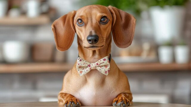 Adorable dachshund wearing floral bow tie in cozy home setting