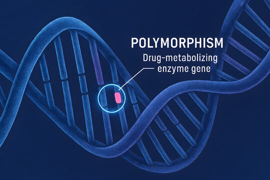 DNA Polymorphism: A close-up, detailed illustration of a DNA double helix, highlighting a specific polymorphism in a drug-metabolizing enzyme gene.