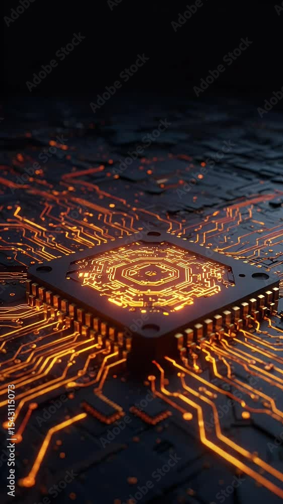 Poster 3d chip circuit computing processor technology glowing orange lights