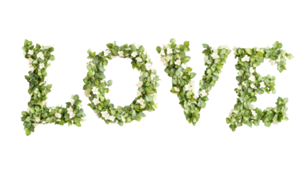 Love in Bloom: A verdant display of 'LOVE' is meticulously crafted with fresh flowers and leaves, a heartwarming expression of affection and natural beauty.