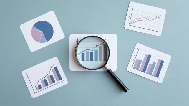 Various charts and graphs are examined through a magnifying glass.