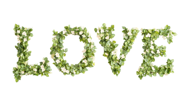 Love in Bloom: A verdant display of 'LOVE' is meticulously crafted with fresh flowers and leaves, a heartwarming expression of affection and natural beauty.